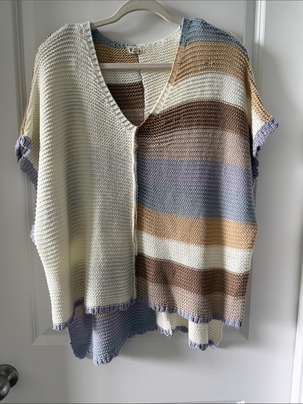 POL Crochet Oversized Striped V-Neck Sweater in Cream, Brown & Lavender